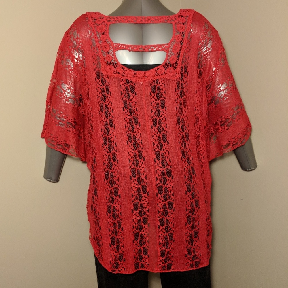 Red Versatile Lace Sheer top or swim cover-up - Picture 4 of 7